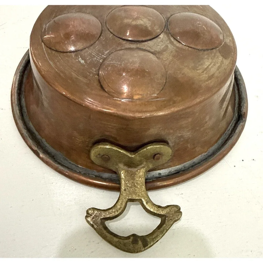 Antique French Copper Brass Handled Egg Poacher Escargot Pan 5 Hole